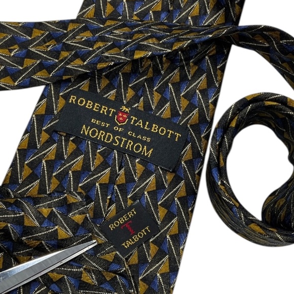 🆕ROBERT TALBOTT Black/Blue/Beige Geometric Silk LUXURY Tie HANDMADE USA - Picture 4 of 5
